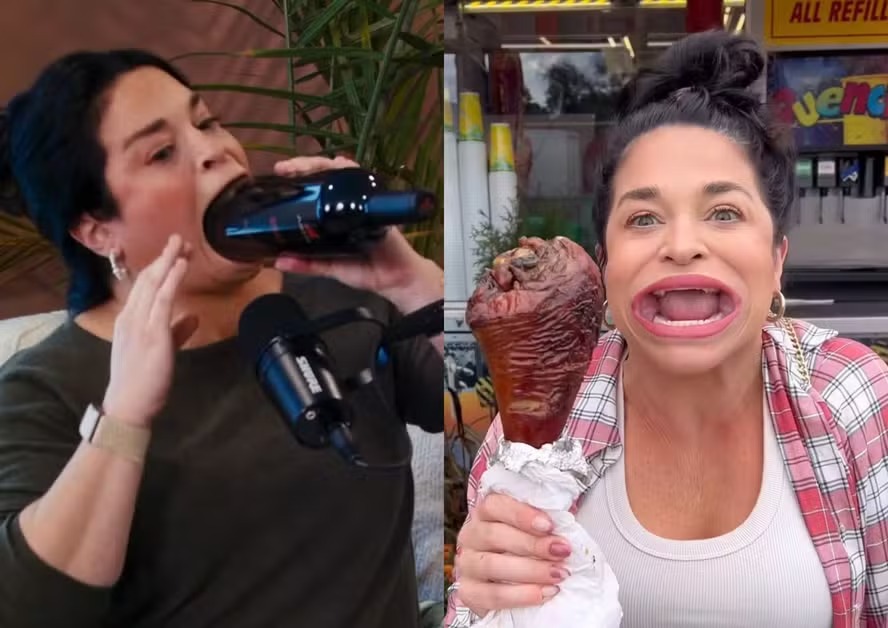 Mulher com uma das maiores bocas do mundo devora alimentos com poucas mordidas