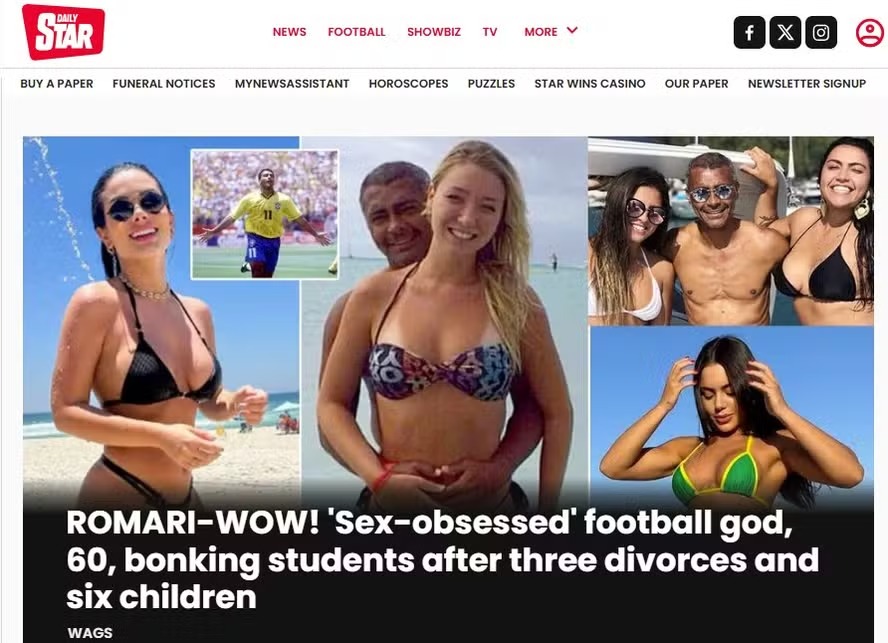 Jornal chama Romário de 'obcecado por sexo': 'Deus do futebol transa com estudantes após três divórcios e seis filhos'