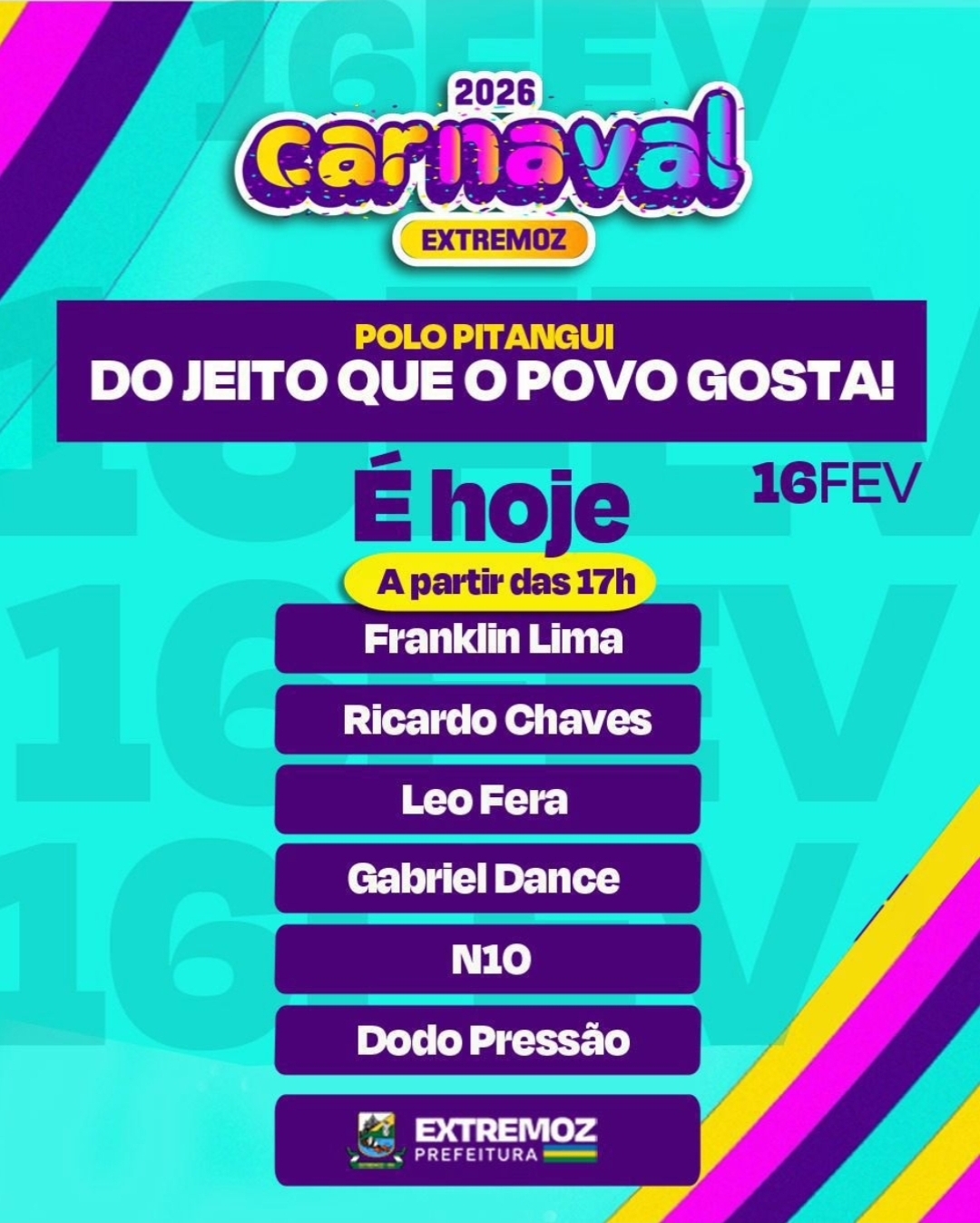 Carnaval de Extremoz segue nesta segunda (16) com atrações locais e nacionais nos polos Pitangui, Genipabu e Barra do Rio