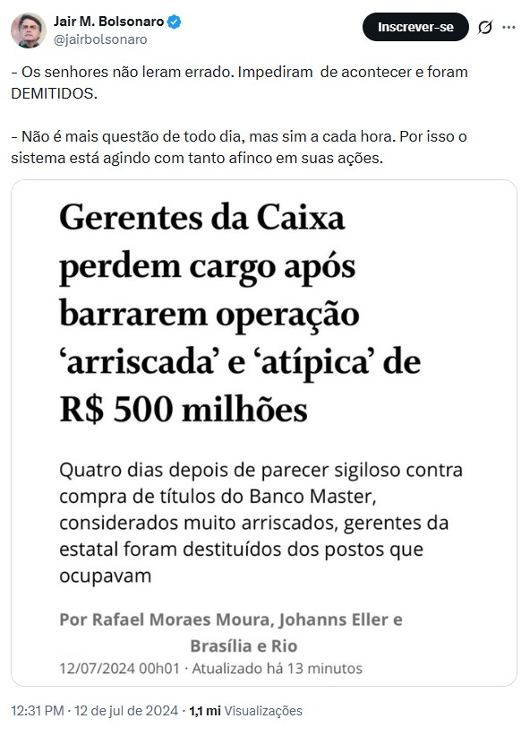 Bolsonaro fez post contra Master em 2024 e irritou Daniel Vorcaro