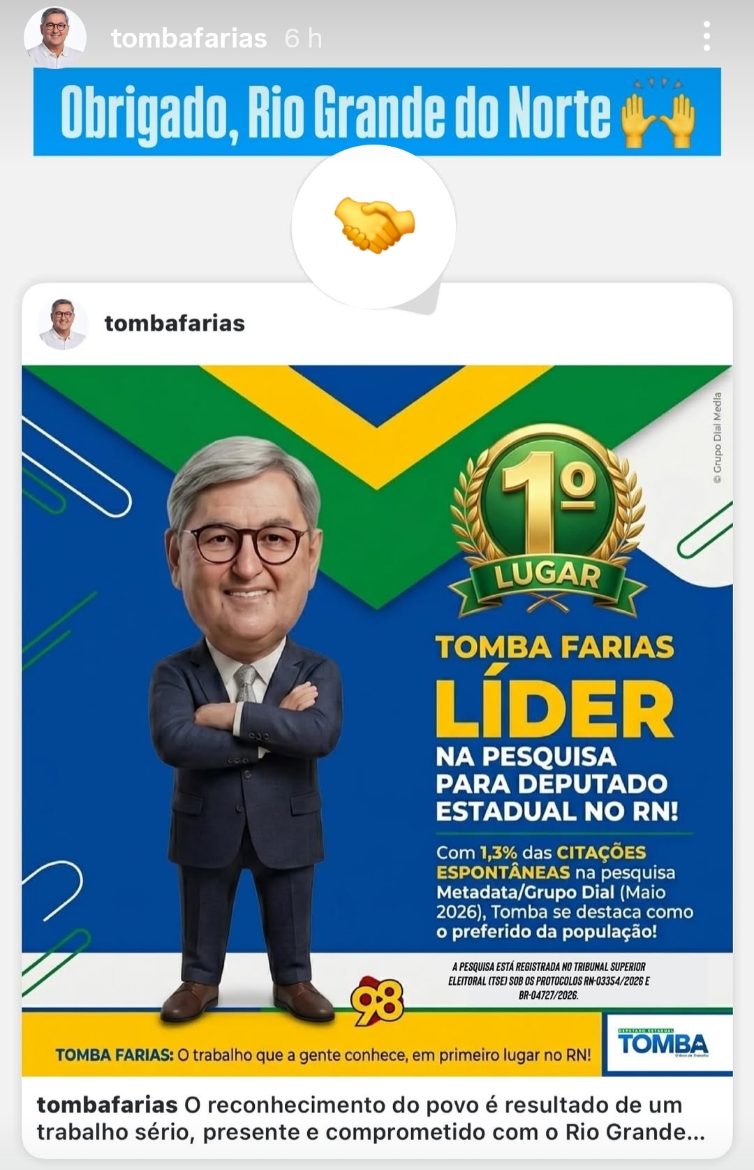 "O reconhecimento do povo é resultado de um trabalho sério", diz Tomba ao comemorar primeiro lugar na pesquisa Metadata/Grupo Dial