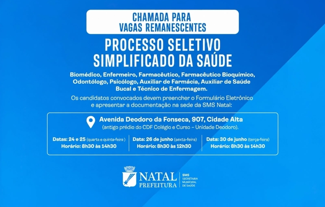Prefeitura do Natal convoca 257 profissionais para vagas remanescentes do processo seletivo da Saúde