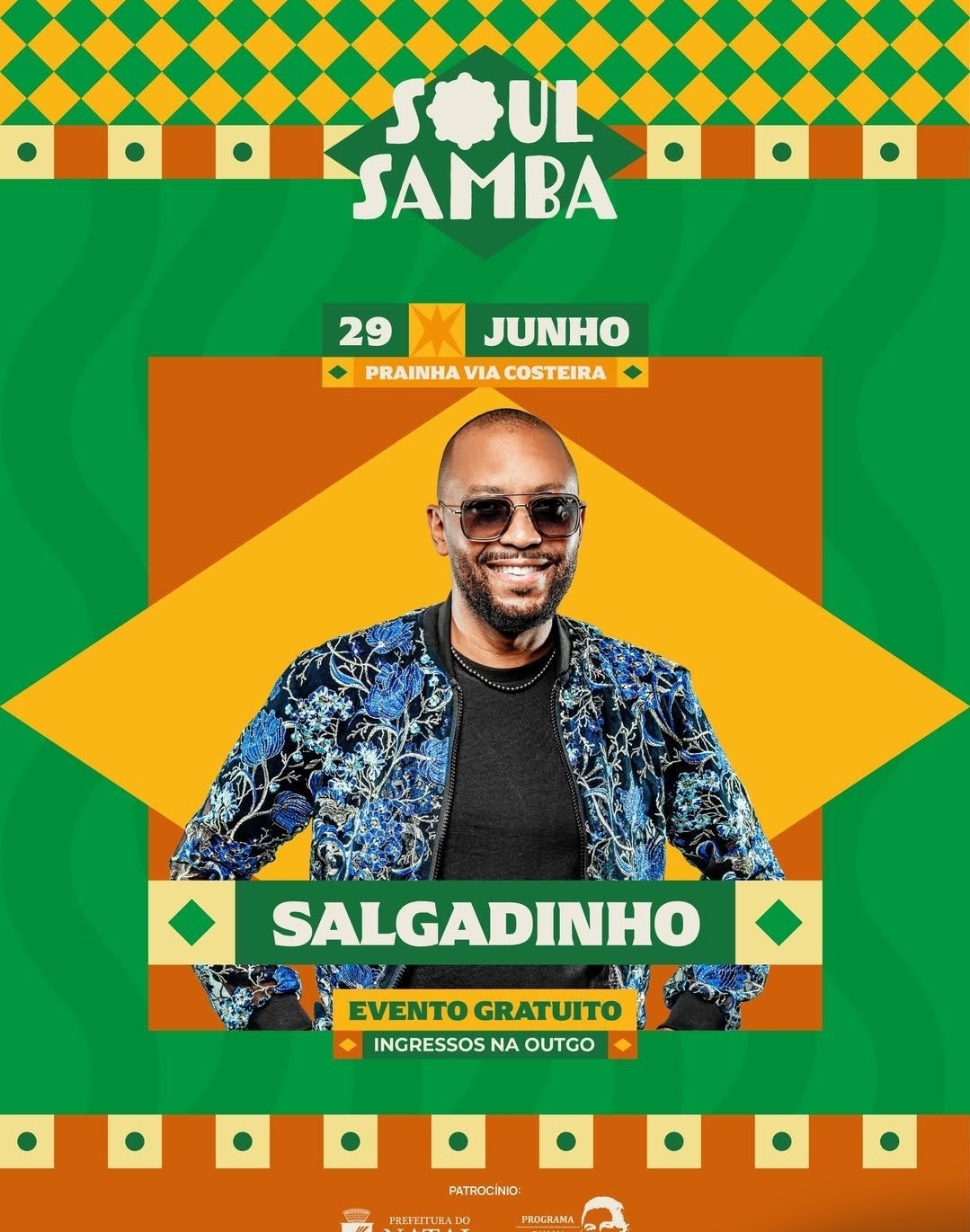 Soul Samba terá transmissão do jogo do Brasil e shows gratuitos de Salgadinho e Pagode do Coxa nesta segunda-feira