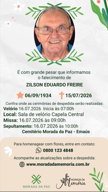 Velório do pai do prefeito Paulinho Freire acontece nesta quinta-feira, a partir das 7 horas no Morada da Paz