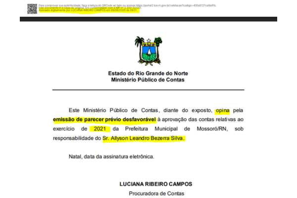 Ministério Público de Contas recomenda reprovação das contas de 2021 da gestão de Allyson Bezerra