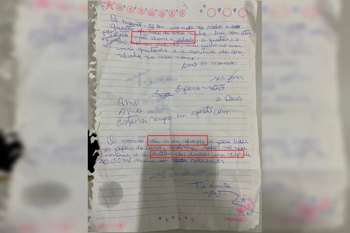 Carta escrita por vítima em cárcere privado pedia para não acionar a Polícia