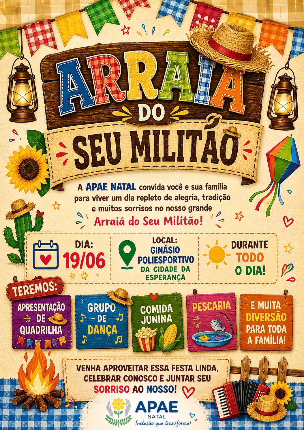 APAE Natal realiza Arraiá do Seu Militão aberto ao público nesta quinta-feira, 19 de junho