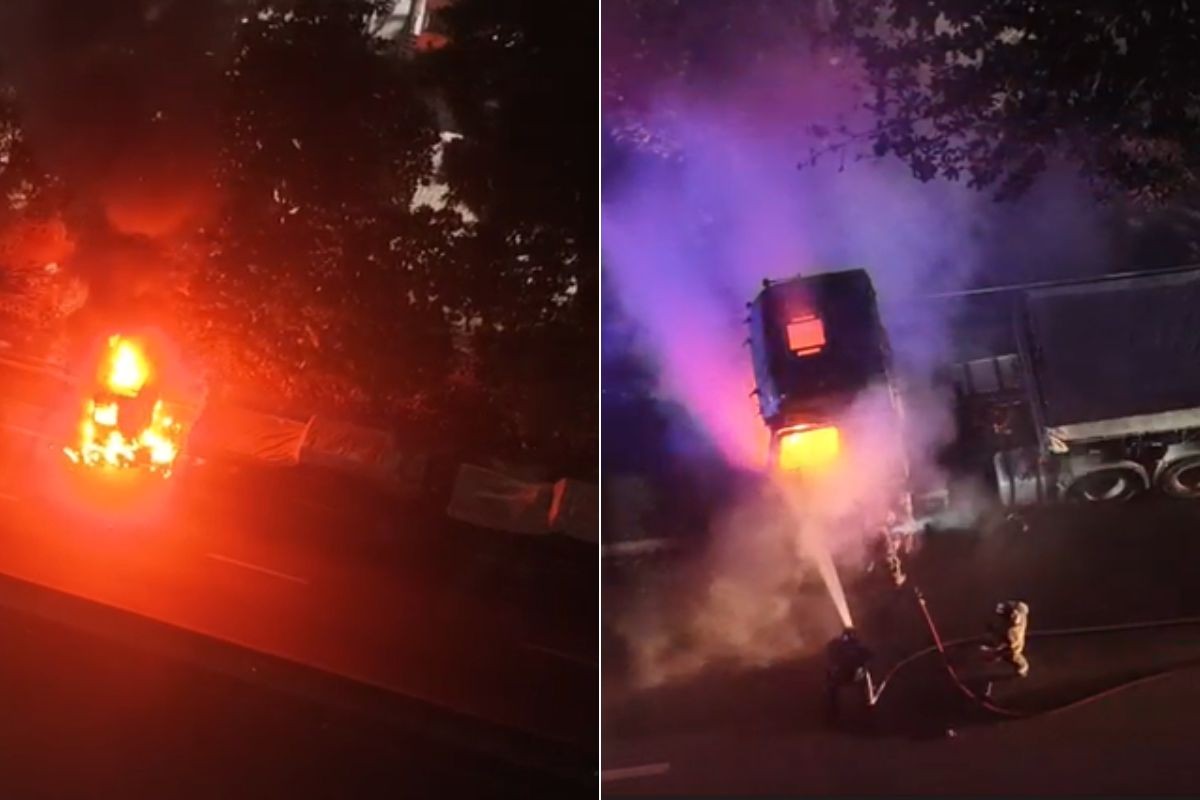 Bombeiros controlam incêndio em caminhão no Guarujá