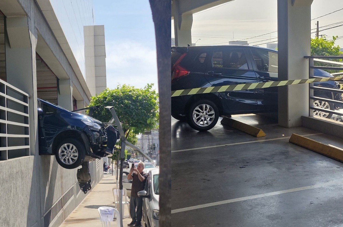 Carro fica pendurado em grade de supermercado após motorista se confundir em Bauru
