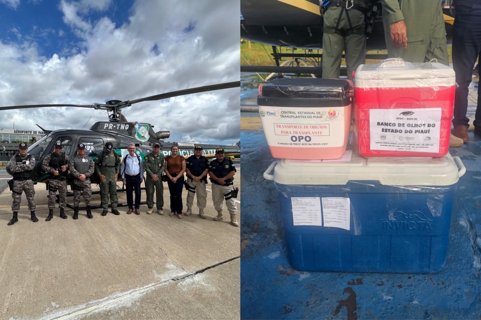 PMPI transporta fígado, rins e córneas de Parnaíba para Teresina em helicóptero para transplantes