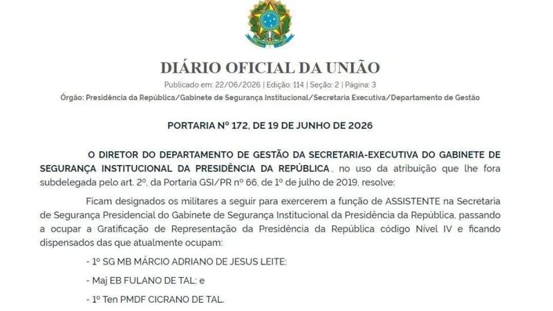 GSI nomeia Fulano de tal e Cicrano de tal para Segurança Presidencial em publicação oficial; entenda