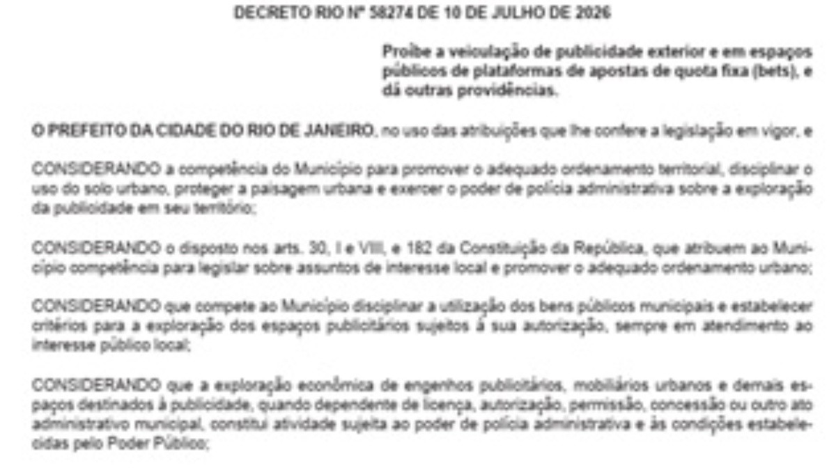 Prefeitura do Rio veta publicidade de casas de apostas em espaços públicos