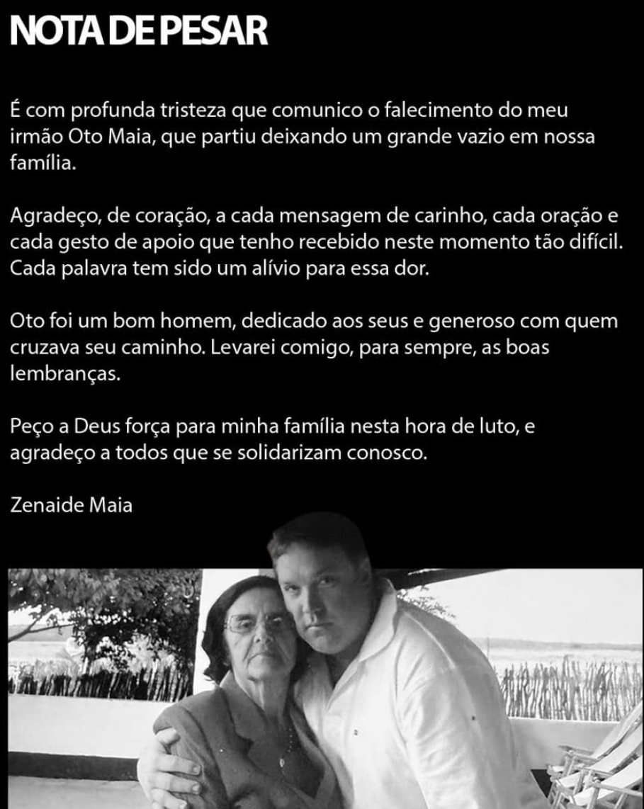 Zenaide Maia publica nota de pesar pelo falecimento do irmão Oto Maia