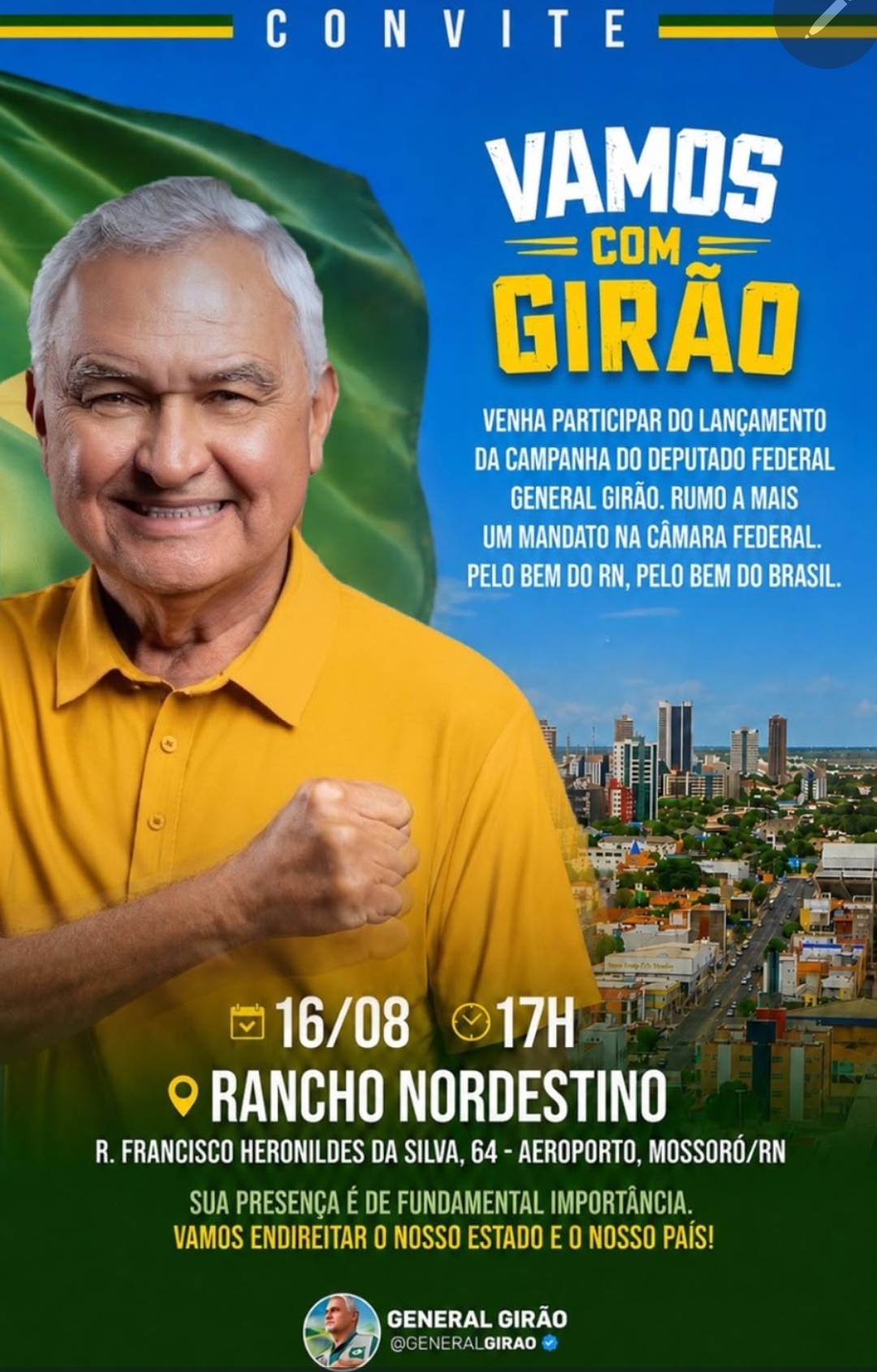 General Girão lança campanha para deputado federal no próximo domingo em Mossoró