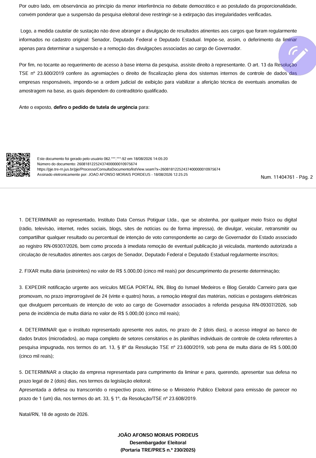 TRE-RN manda retirar pesquisa que divulgou Allyson na liderança e aponta dúvidas sobre levantamento